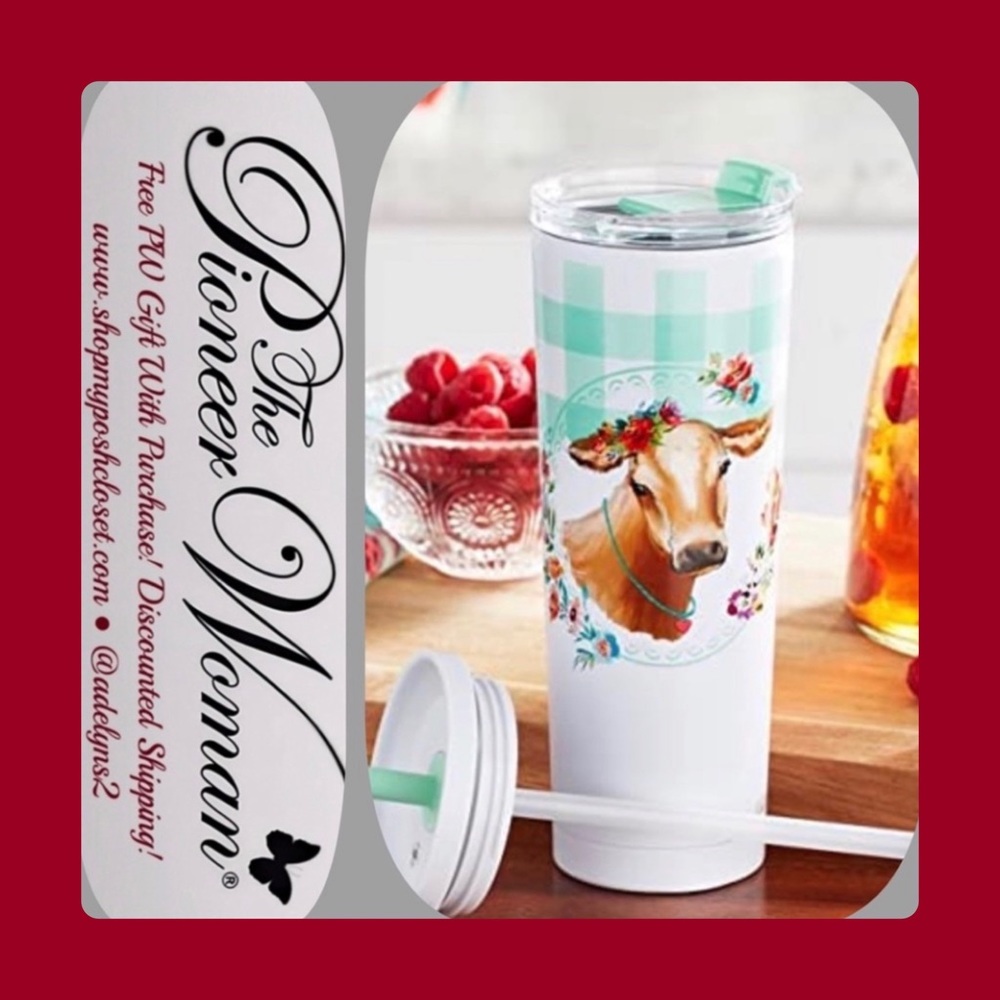 🌺 New Pioneer Woman Gingham Cow Sippy Tumbler with 2 Different Style Lids - Picture 3 of 7